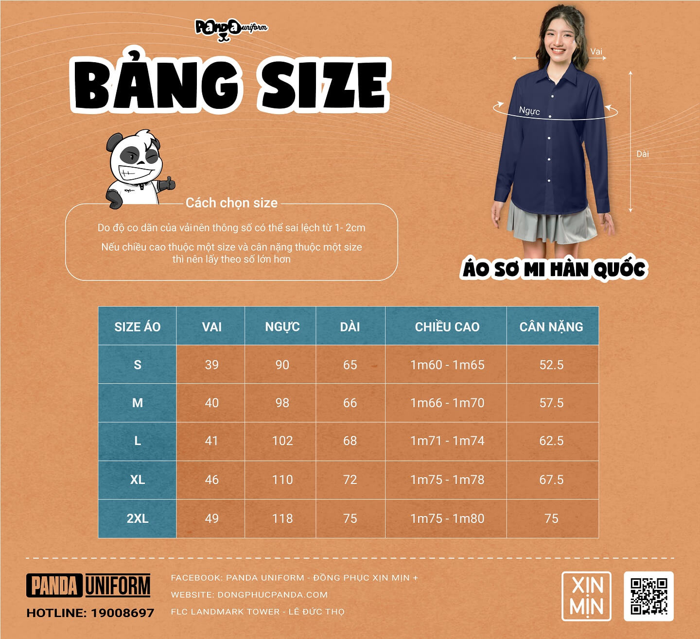 Bảng size mẫu áo sơ mi Hàn Quốc tại đồng phục Panda