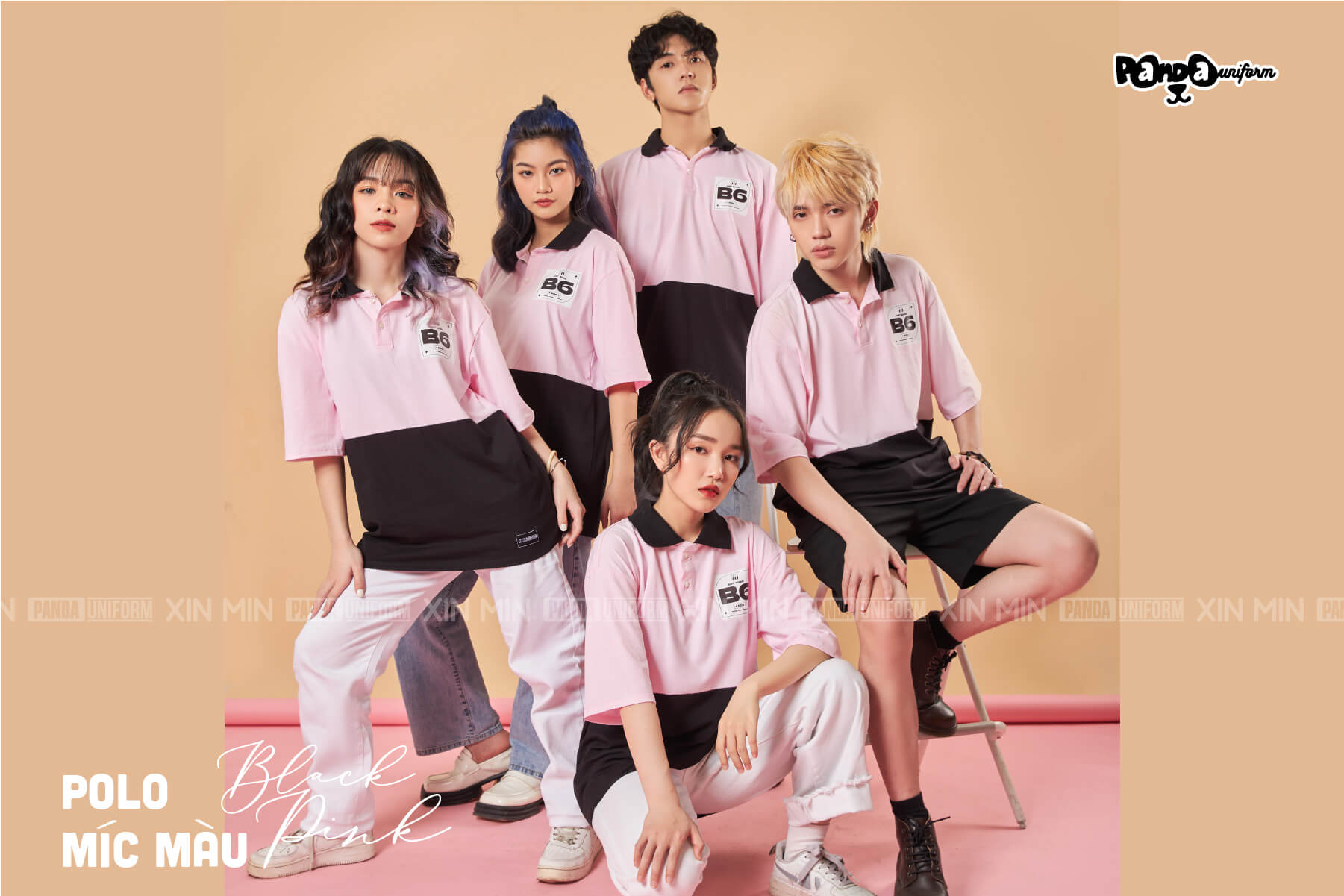 Mẫu áo lớp polo có cổ mix màu Black Pink ấn tượng