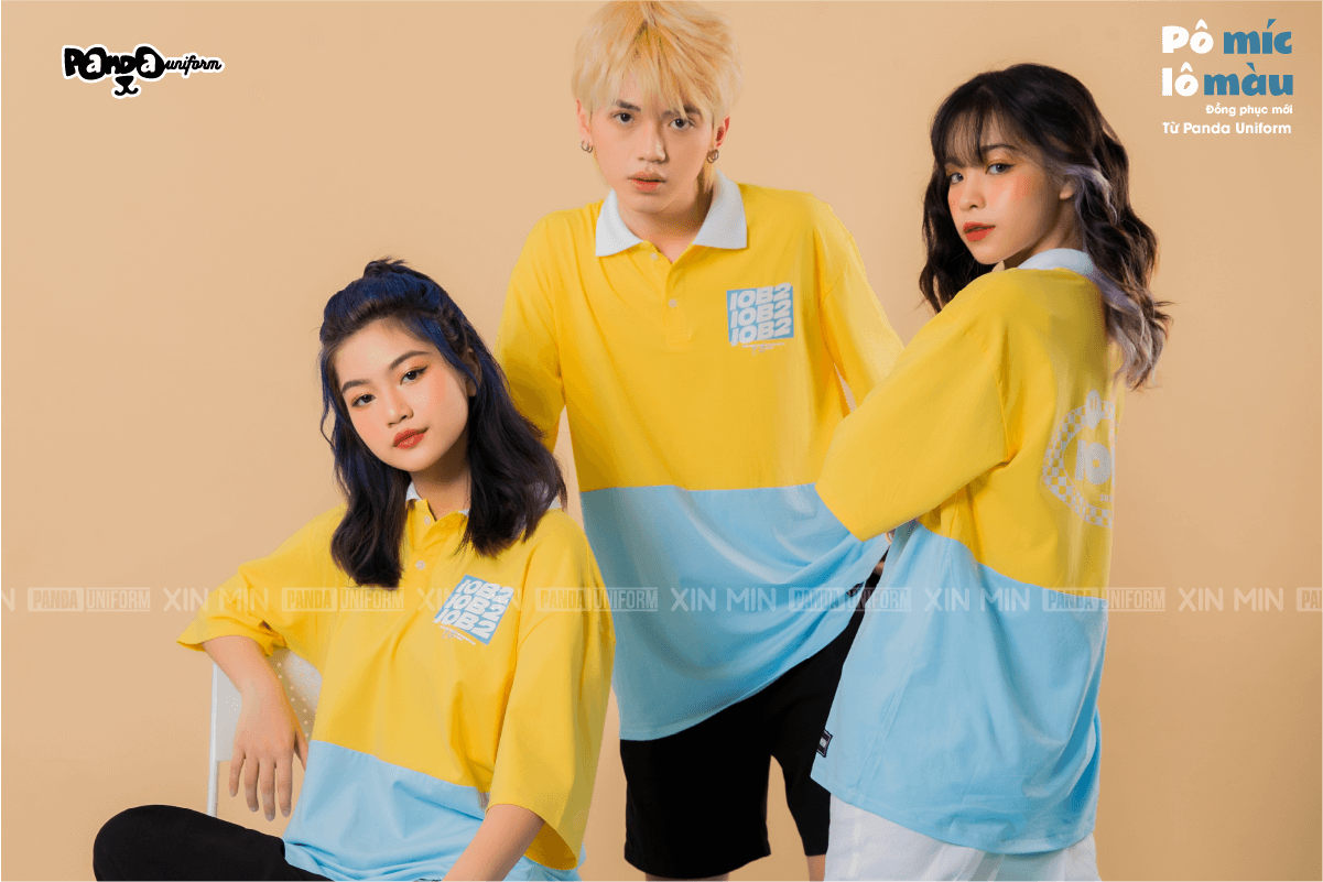 Mẫu áo polo mix màu vàng cúc x xanh hòa bình - BST mới từ Panda Uniform