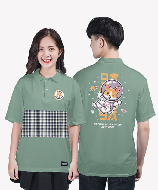 774. áo lớp Polo Tartan in hình chó Màu xanh mint