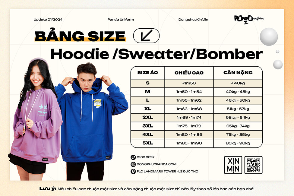 Bảng size áo lớp Hoodie - Sweater - Bomber tại Panda Uniform