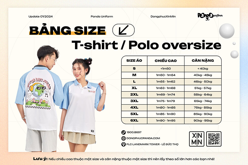 Bảng size áo lớp T-shirt - Polo Oversize tại Panda Uniform