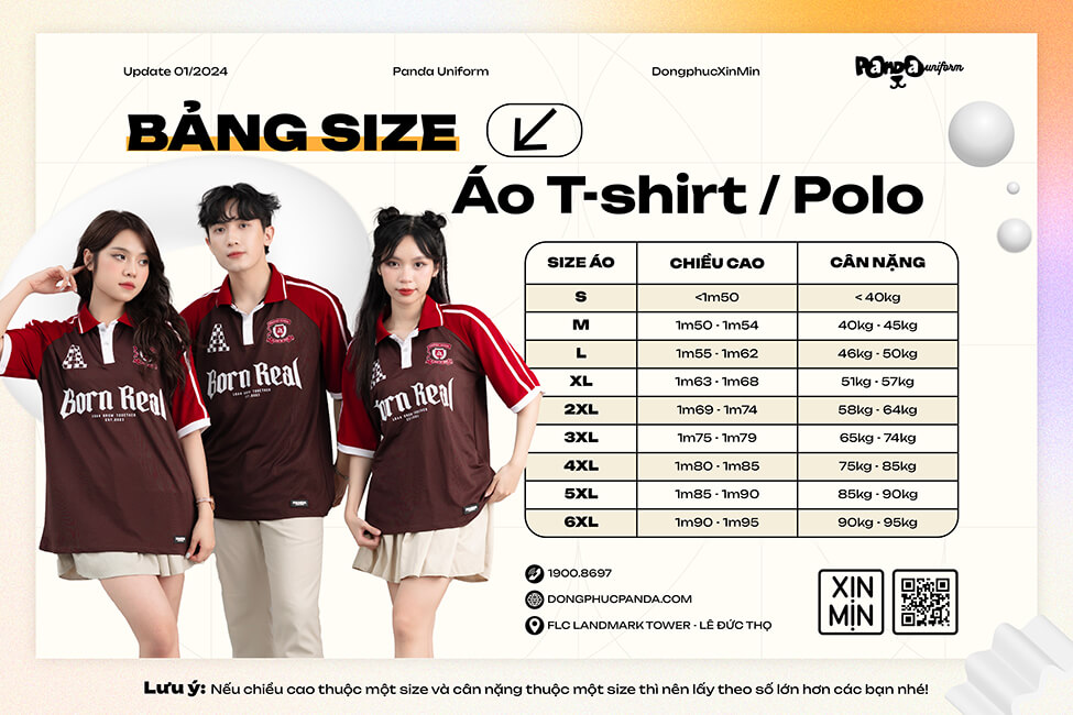 Bảng size áo lớp T-shirt - Polo tại Panda Uniform