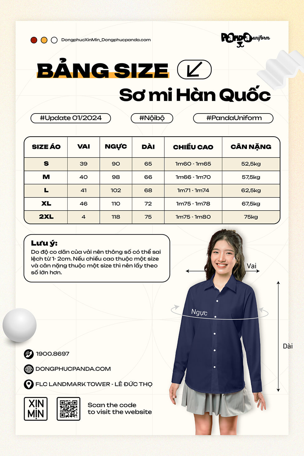 Bảng size áo lớp sơ mi Hàn Quốc tại Panda Uniform