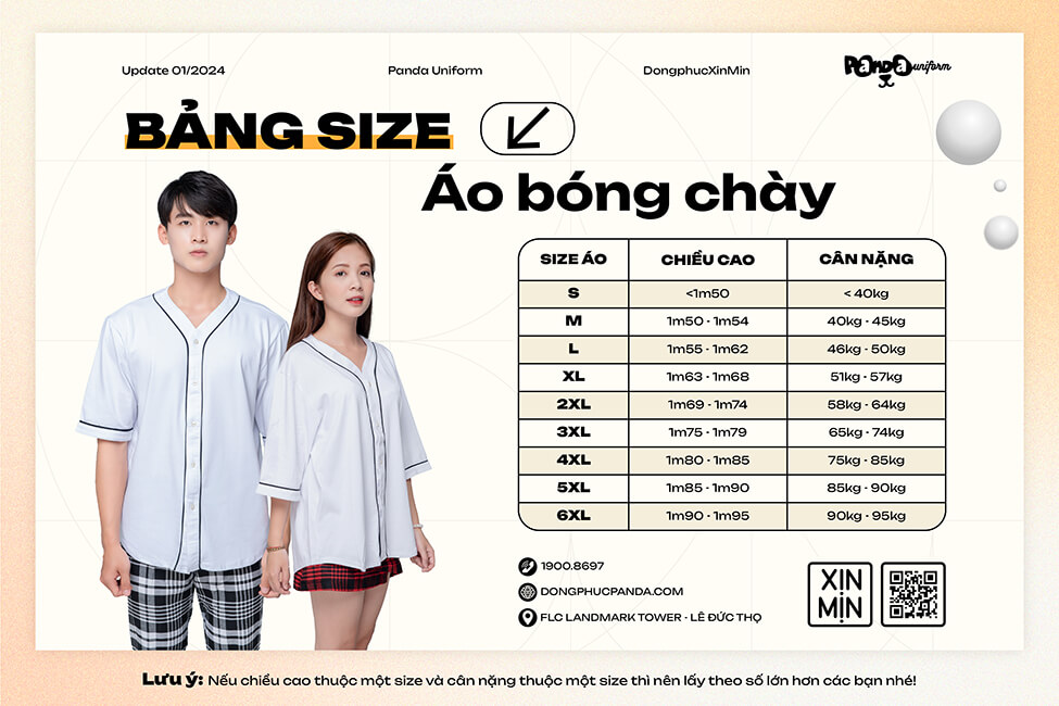 Bảng size đồng phục áo bóng chày tại Panda Uniform