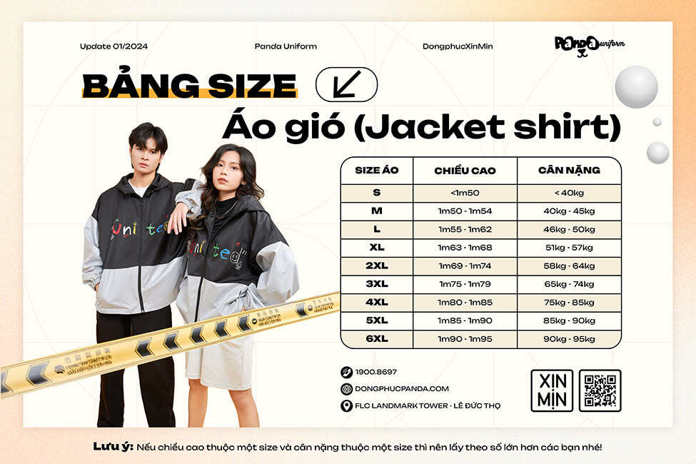 Bảng size đồng phục áo gió - Jacket shirt tại Panda Uniform