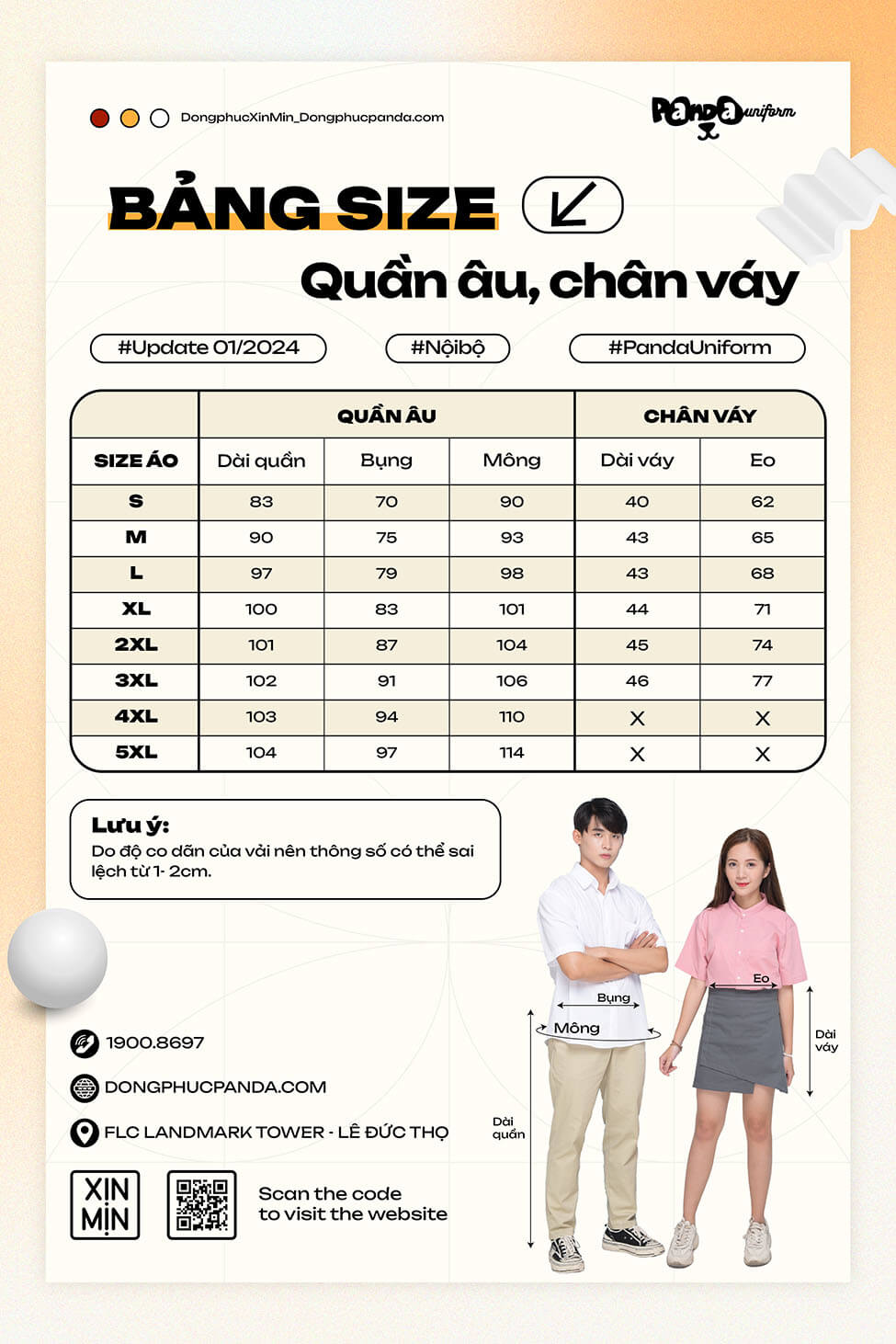 Bảng size đồng phục lớp quần âu chân váy tại Panda Uniform