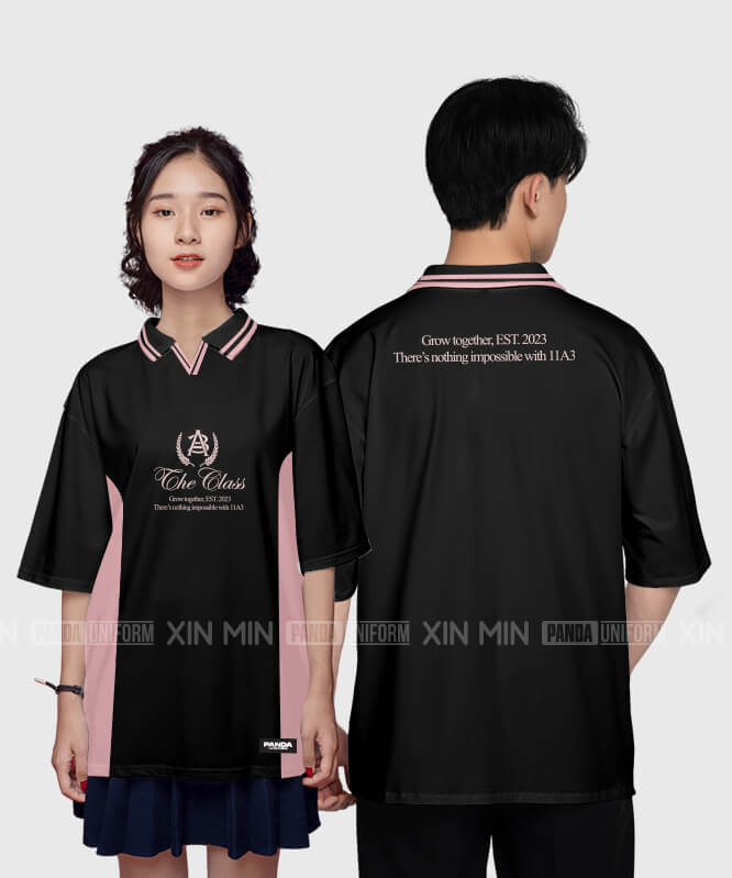 900. Áo lớp Polo mix cổ V BST Typo Màu Đen - Hồng nude