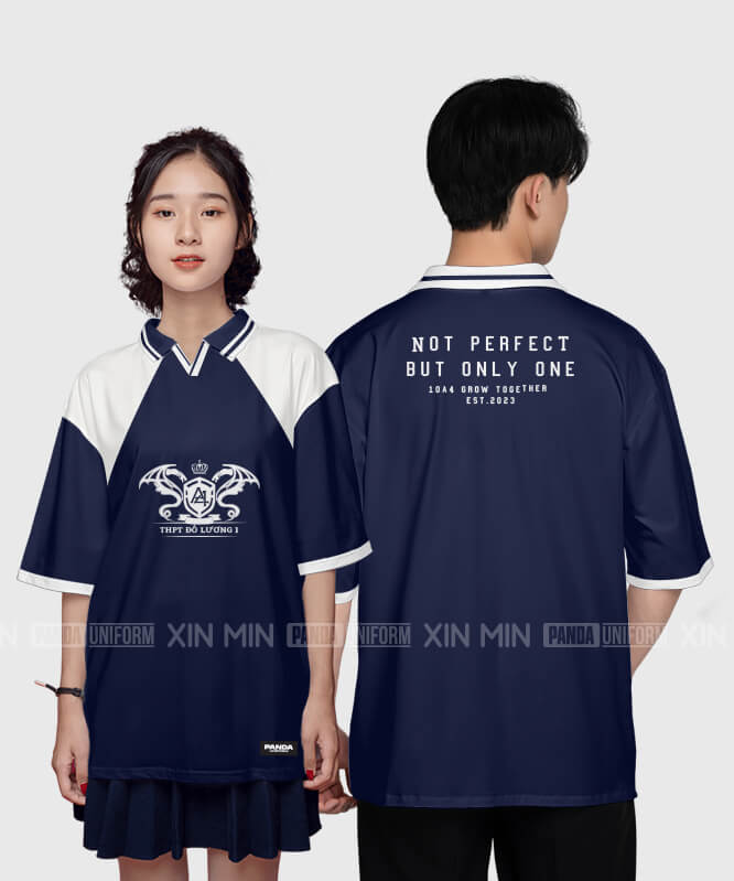 902. Áo lớp Polo mix cổ V BST Typo Màu Xanh tím than - Trắng