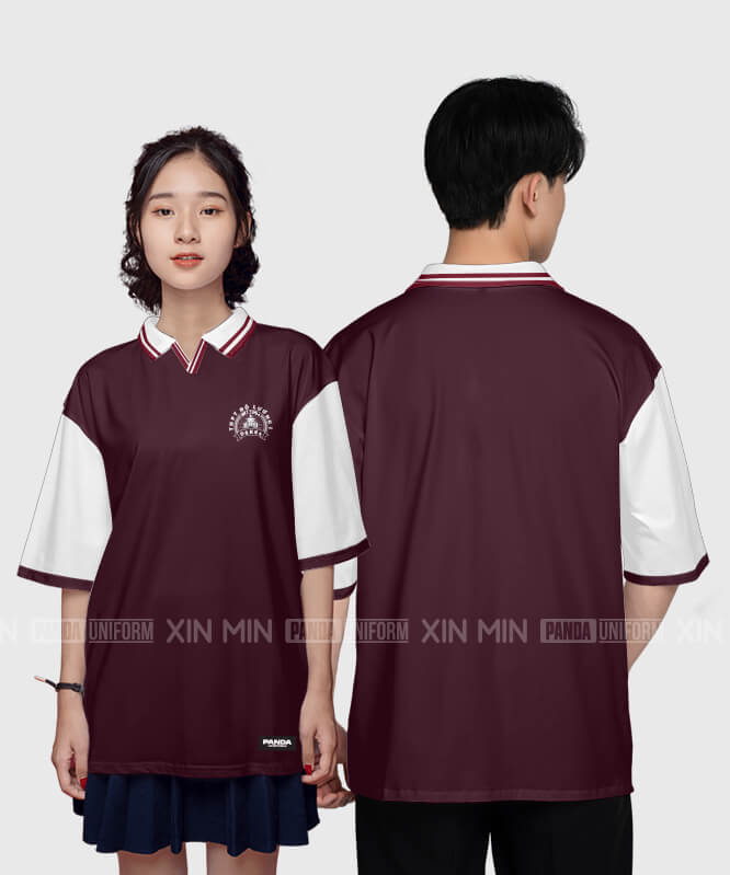 904. Áo lớp Polo mix cổ V BST Logo Màu Nho - Trắng