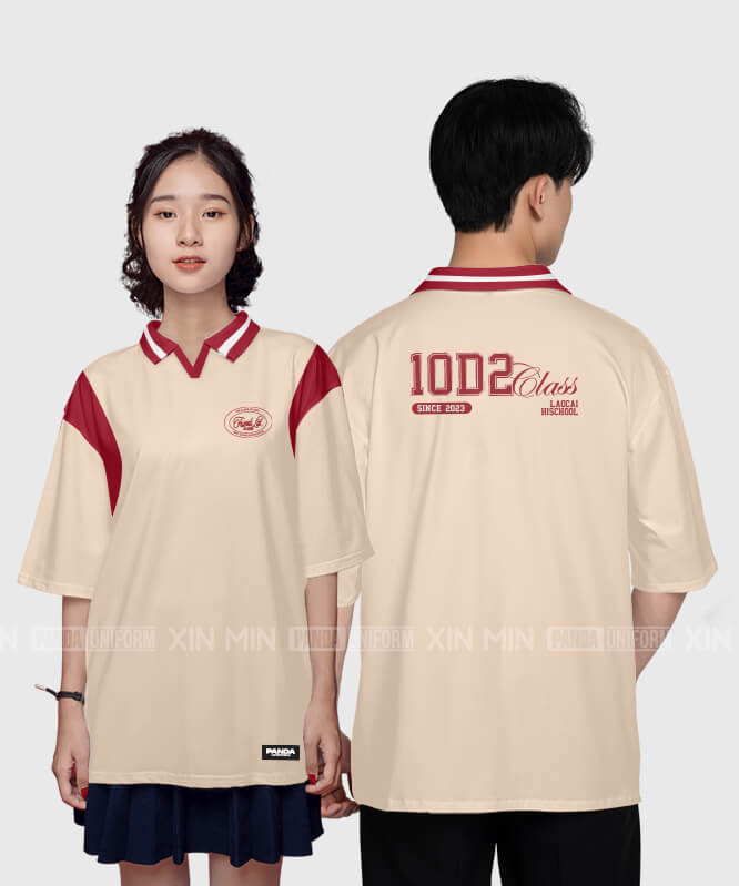 905. Áo lớp Polo mix cổ V BST Logo Màu Be - Đỏ đô