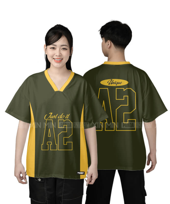 935. Áo lớp T-shirt cổ V BST Đơn giản Màu Rêu đậm - Vàng mù tạt