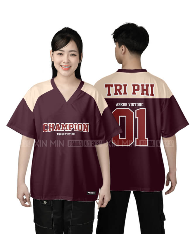 937. Áo lớp T-shirt cổ V BST Đơn giản Màu Nho - Be