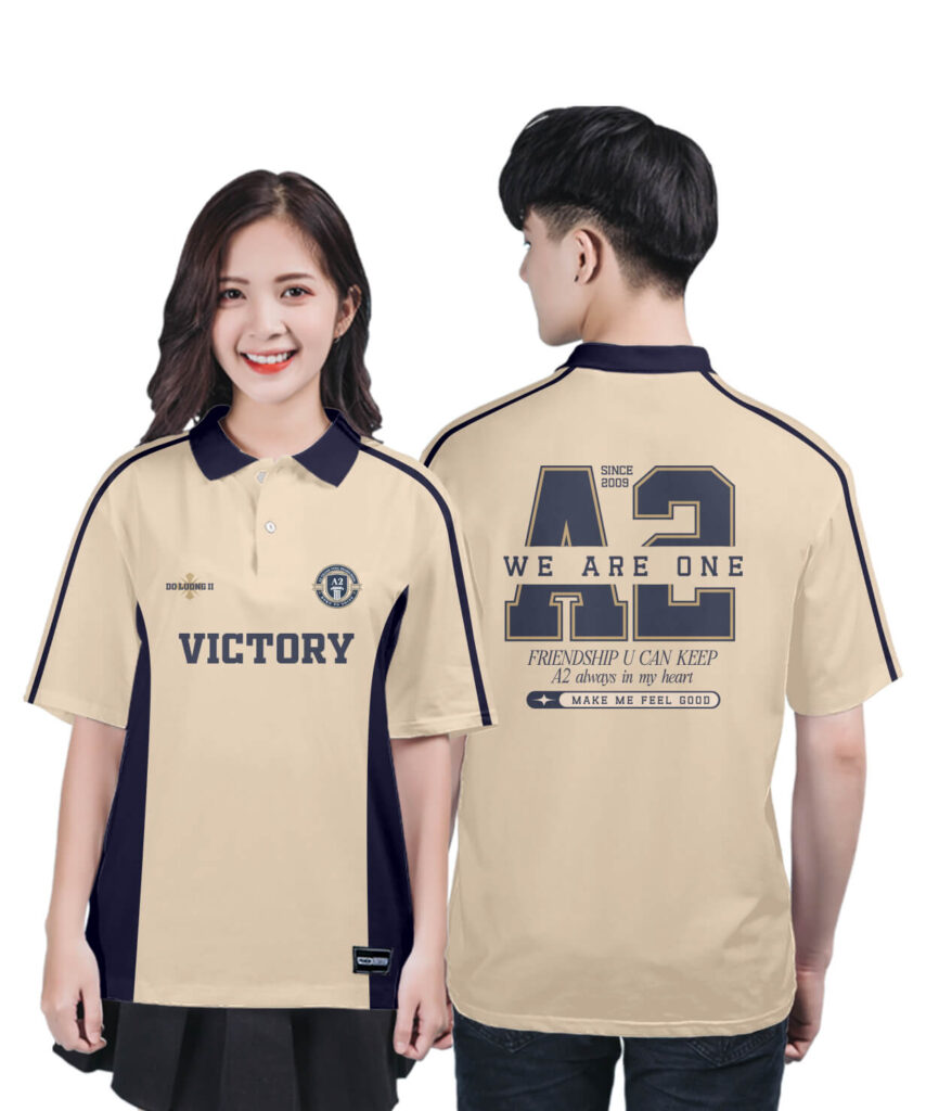 973 Áo lớp Polo Uni BST Đơn giản Be - Xanh tím than