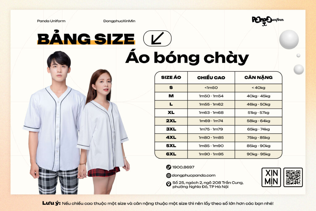 Bảng size đồng phục áo bóng chày tại Panda Uniform