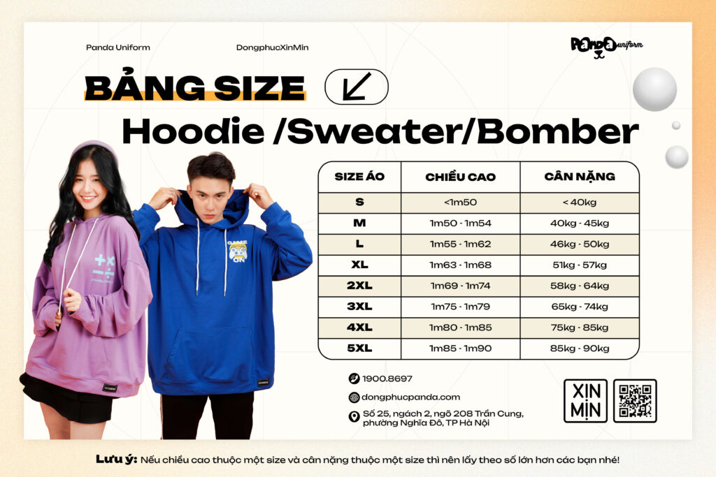 Bảng size áo lớp Hoodie - Sweater - Bomber tại Panda Uniform