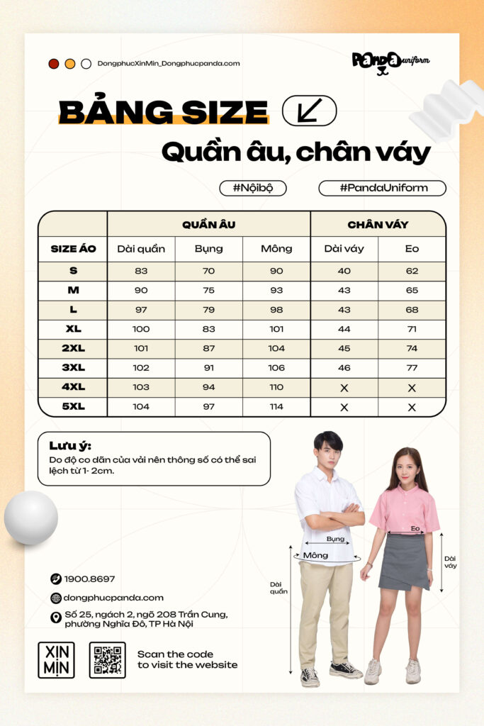 Bảng size đồng phục lớp quần âu chân váy tại Panda Uniform