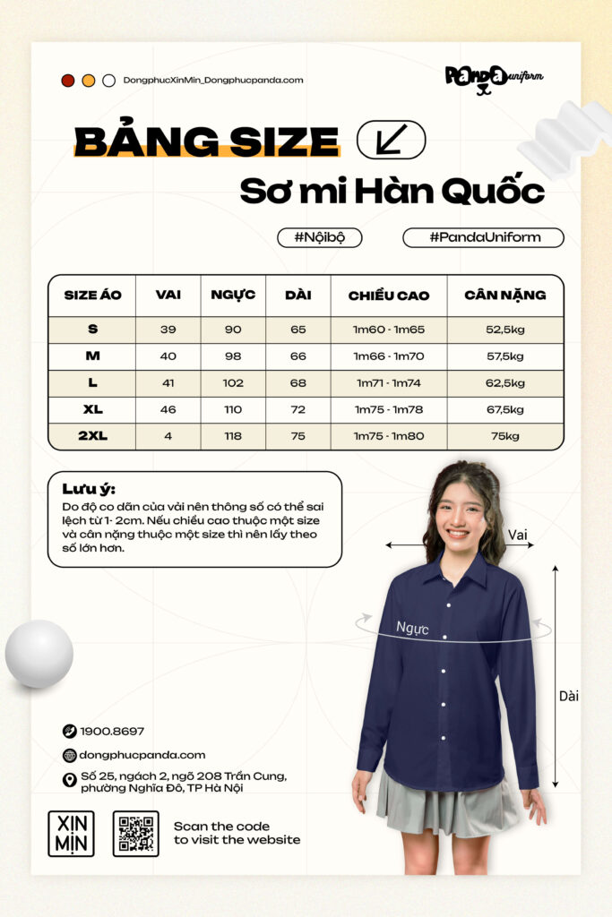 bảng size sơ mi hàn quốc tại panda uniform